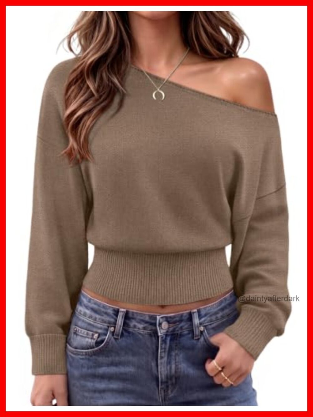 Off Shoulder Sweater One Shoulder Ribbed Waist 100% Cotton Knit Top